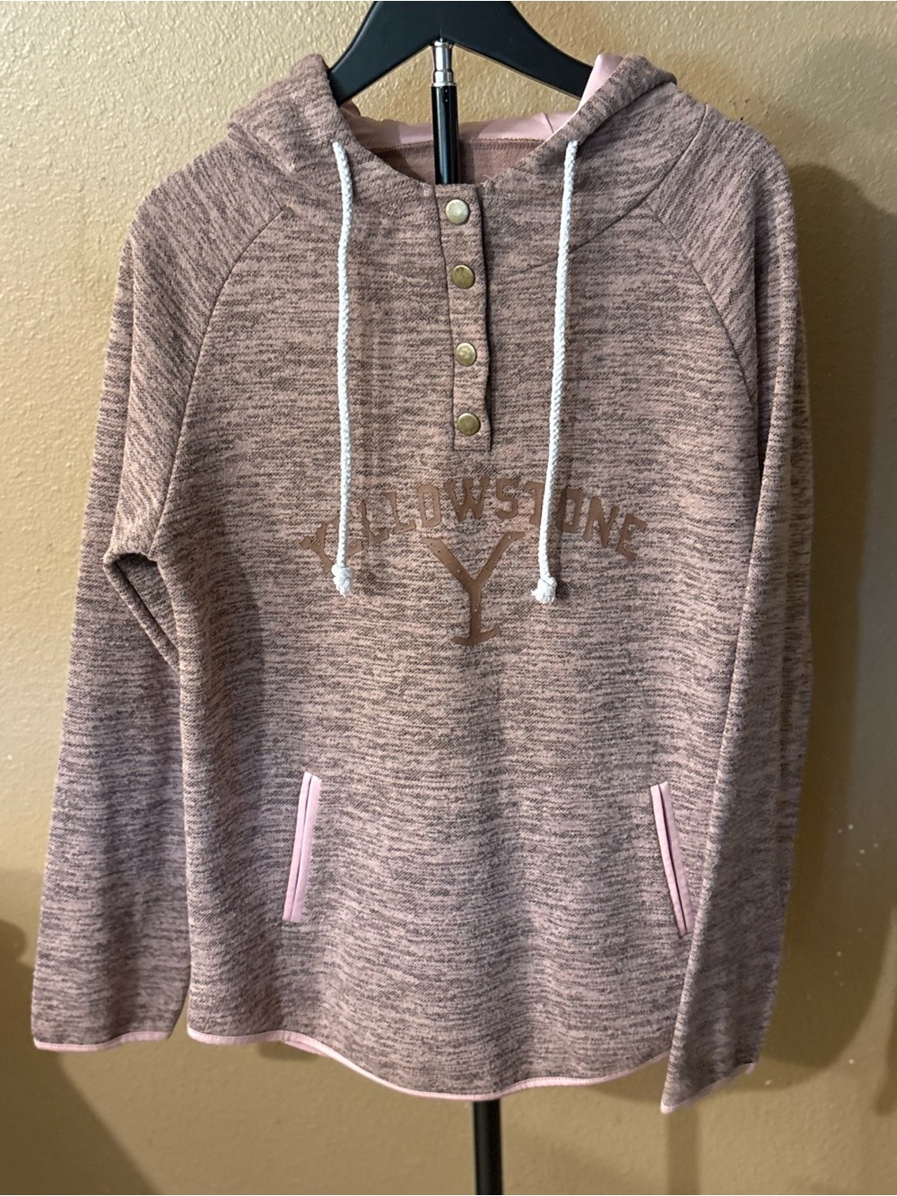 Women’s YellowStone Heather Pink/Gray Hooded Henley Pullover Hoodie Pockets M